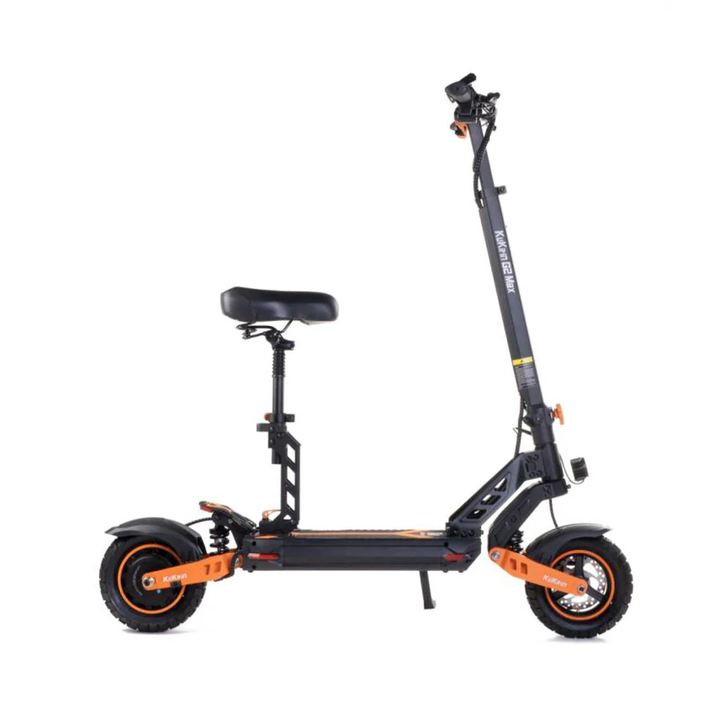 Black and orange electric scooter with seat, foldable design for urban commuting