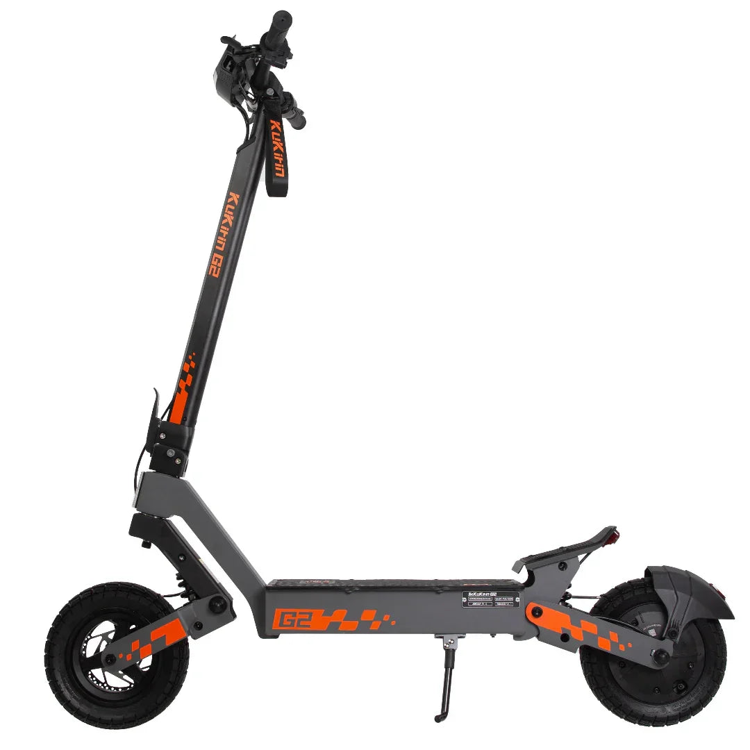 Kugan G2 electric scooter with black frame, orange accents, and dual wheels for urban commuting