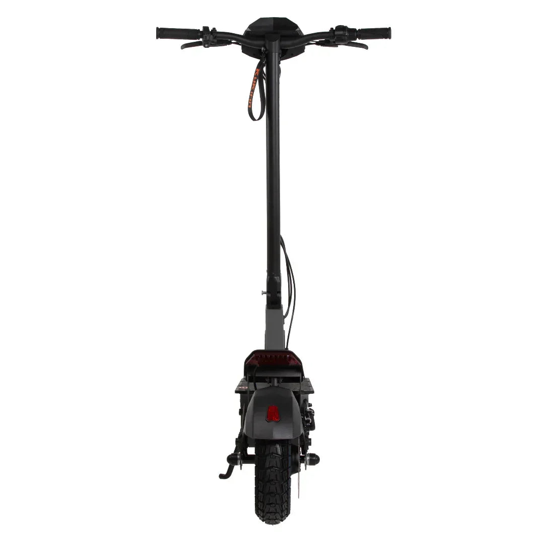 Black electric scooter with thick tires and rear light, front view on white background