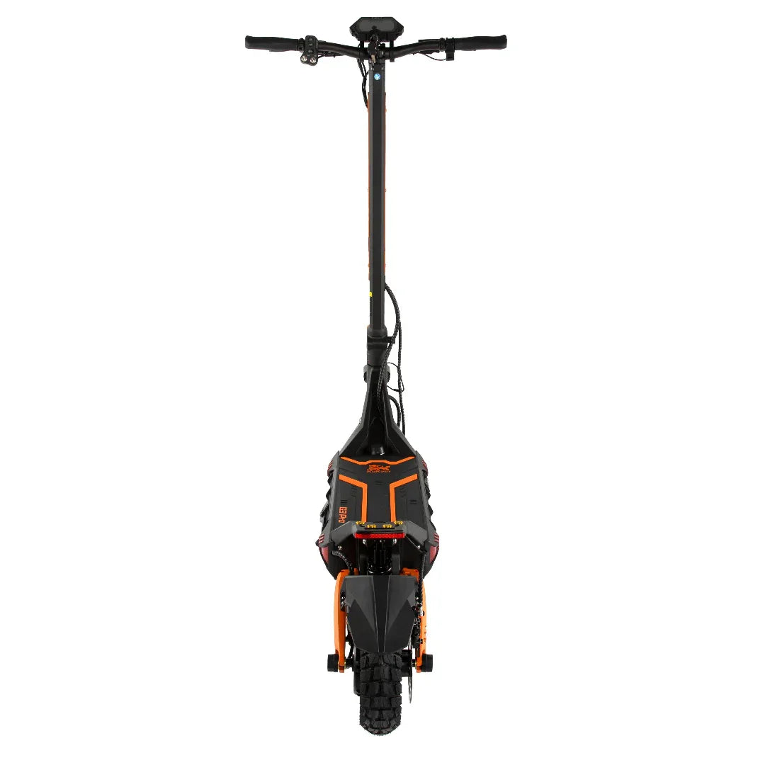 Black and orange electric scooter with fat tires and digital display, front view on white background