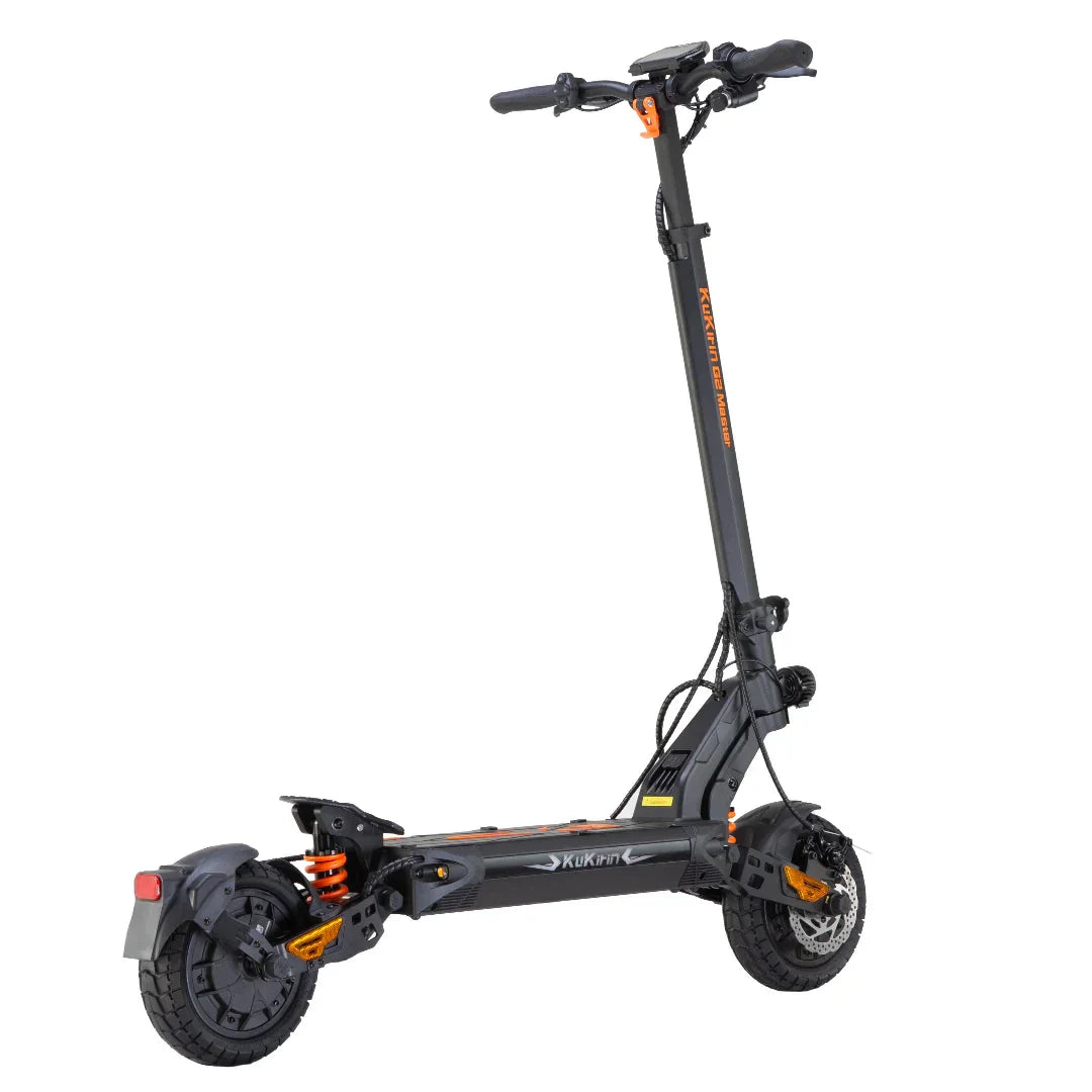 Black electric scooter with orange accents, dual suspension, and rugged tires for urban commuting.