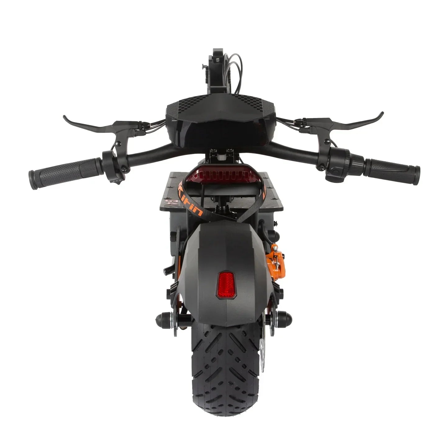 Black electric scooter with orange accents, wide tires, and rear taillight, viewed from above