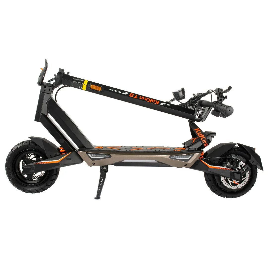 Black and orange Kukim T3 electric scooter with large off-road tires and foldable design