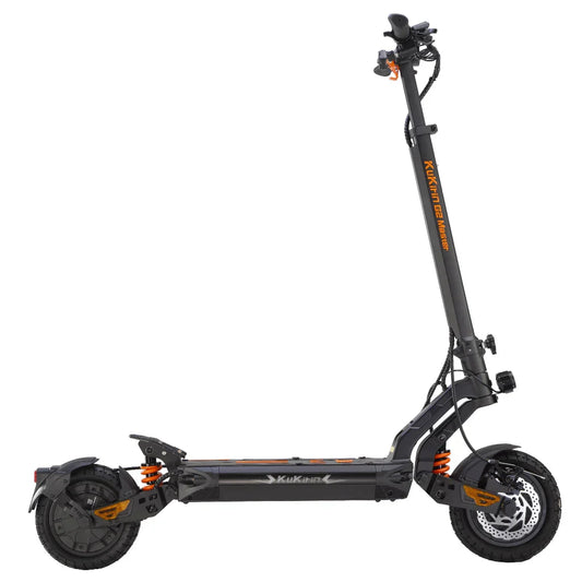 Kukim G2 Master electric scooter with orange suspension, dual wheels, and disc brakes on white background