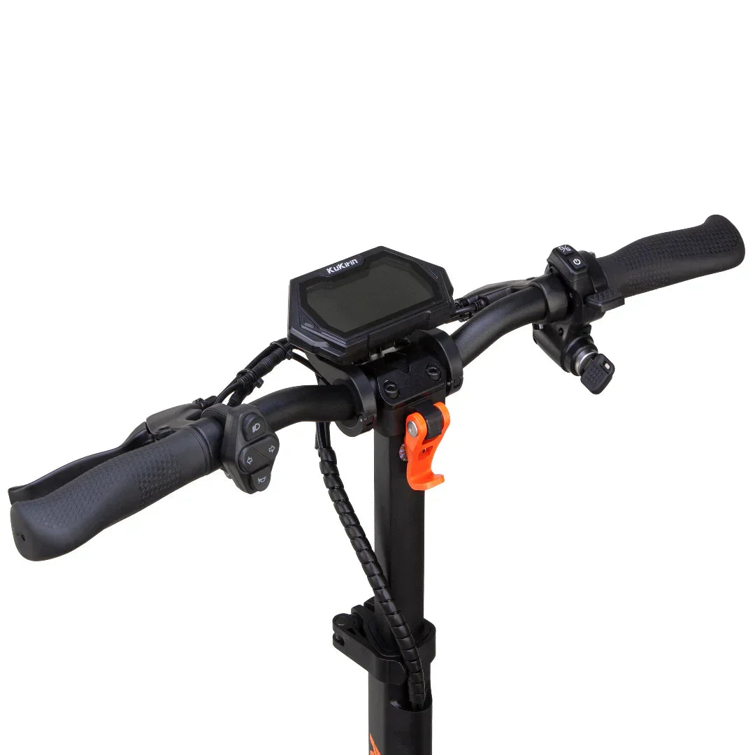 Electric scooter handlebars with digital display, control buttons, and orange accent on black frame