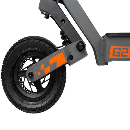 G2 electric scooter front wheel with orange accents and rugged tire tread