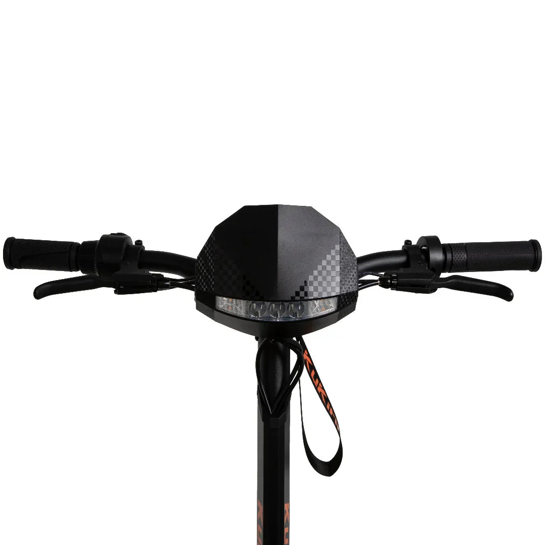 Black electric scooter handlebars with checkered grip and front LED light, orange branding visible