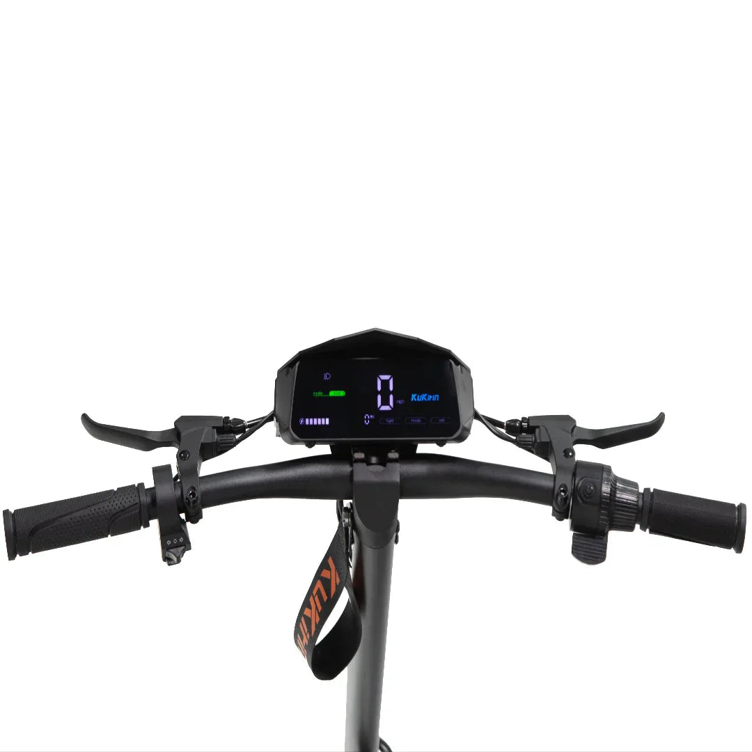 KuKrin electric scooter handlebars with digital display showing speed and battery level