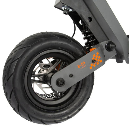B-01 e-scooter front wheel with suspension and disc brake, rugged tire tread detail