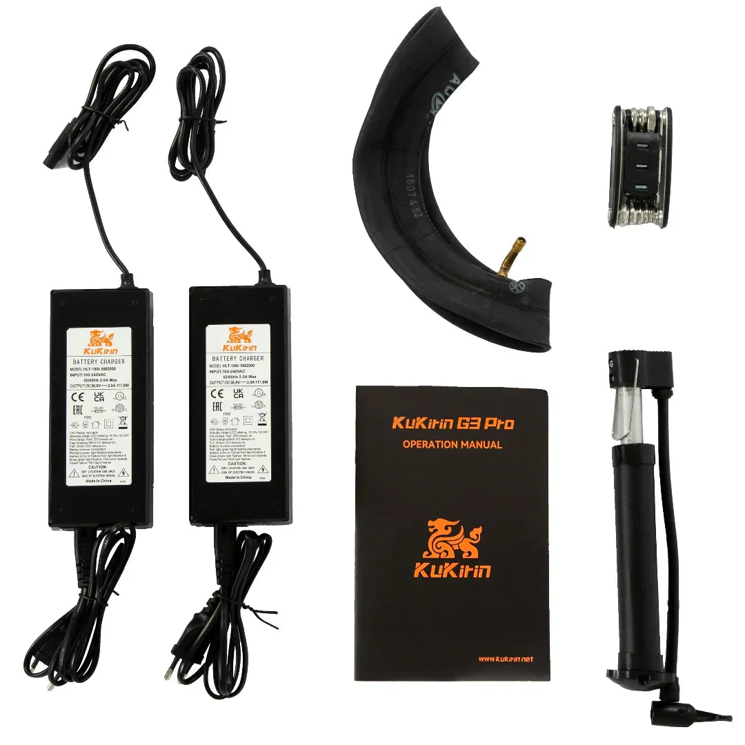 KuKirin G3 Pro e-bike accessories: battery chargers, inner tube, manual, pump, and mount