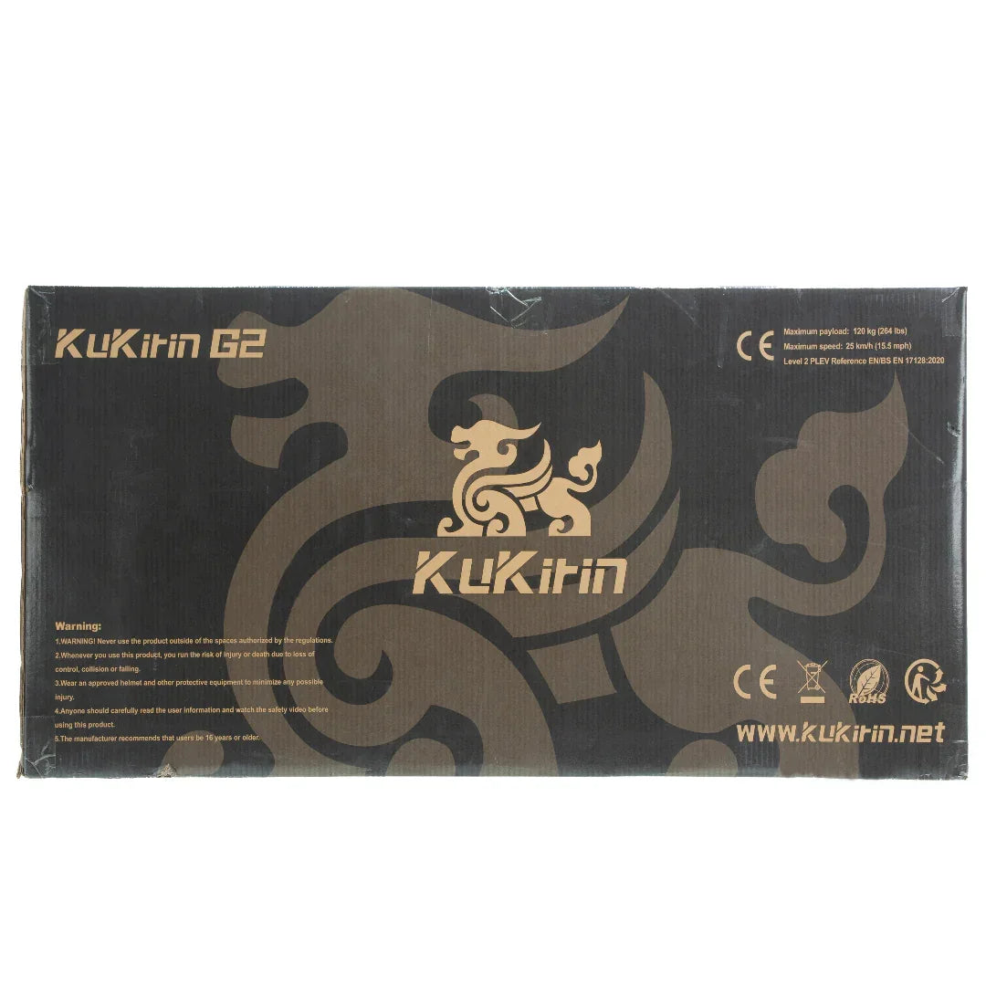 KuKitin G2 electric scooter packaging with dragon design, safety specs, and CE certification visible