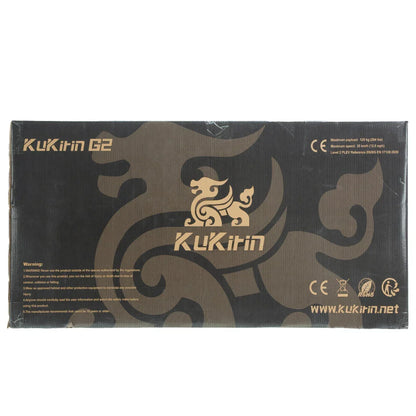 KuKitin G2 electric scooter packaging with dragon design, safety specs, and CE certification visible
