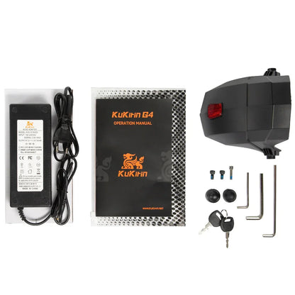 KuKirin G4 electric bike motor kit with charger, manual, keys, and mounting hardware