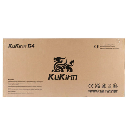 KuKirin G4 product box with brand logo, safety warnings, and specs like 120kg max payload