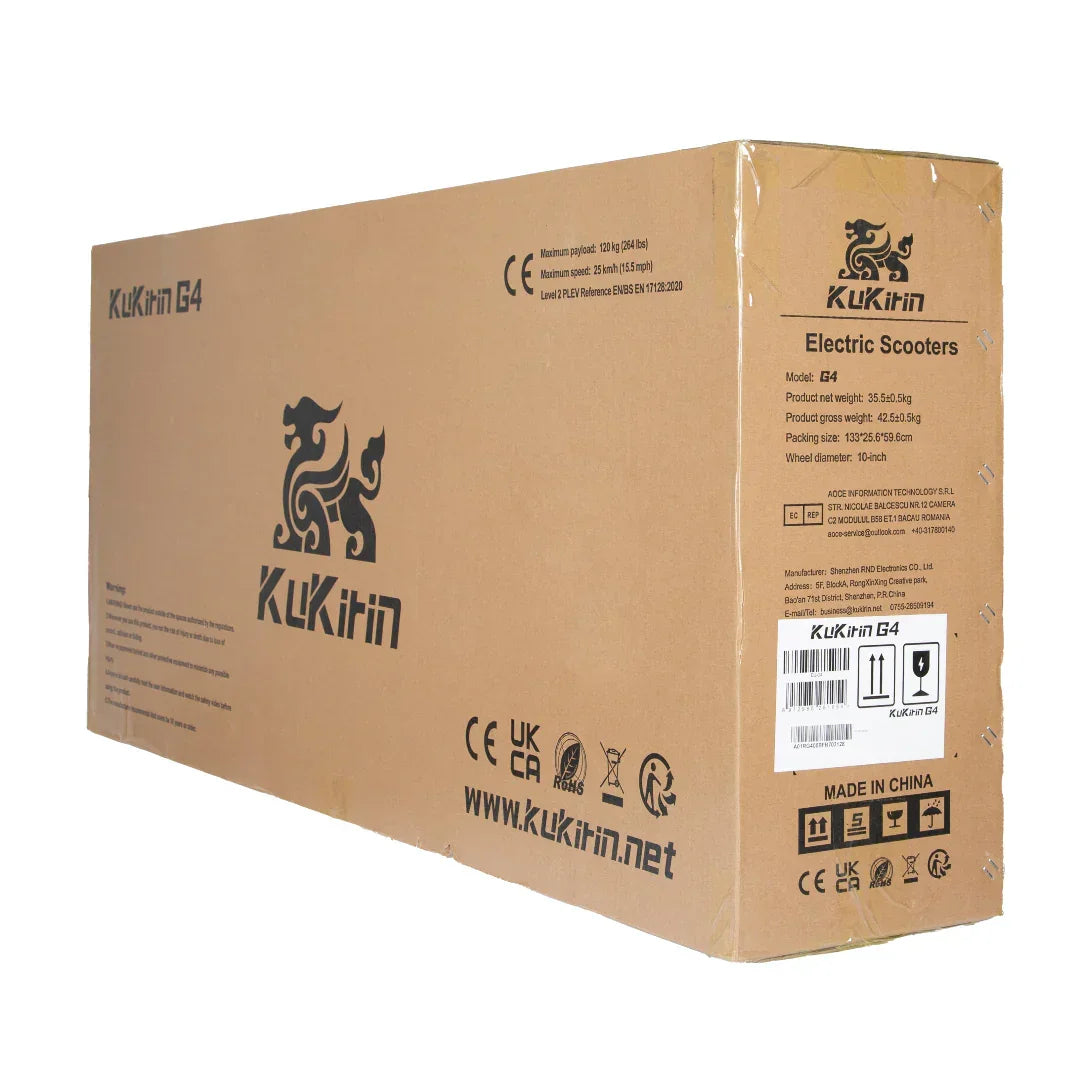 KuKirin G4 electric scooter packaging box with specs and branding visible