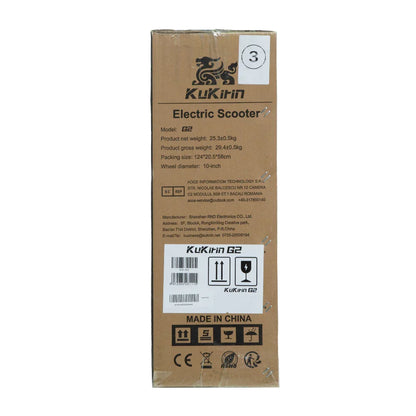 KuKirin G2 Electric Scooter packaging box with specs, 10-inch wheels, made in China