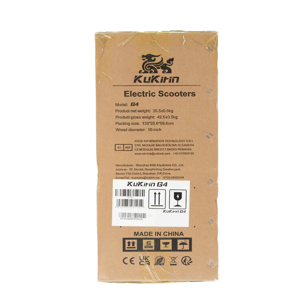 KuKirin G4 electric scooter packaging box with specs and shipping labels, made in China