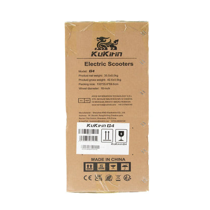 KuKirin G4 electric scooter packaging box with specs and shipping labels, made in China