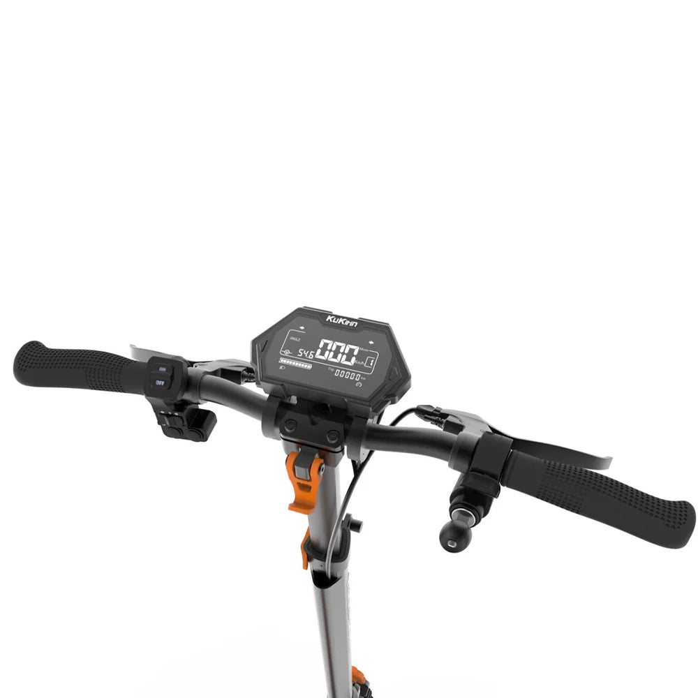 KuKrin electric scooter handlebars with digital display showing speed and battery level