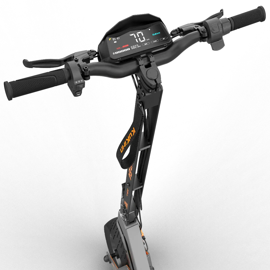 Kugan electric scooter handlebar with digital display showing speed and battery, black frame with orange accents