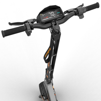Kugan electric scooter handlebar with digital display showing speed and battery, black frame with orange accents