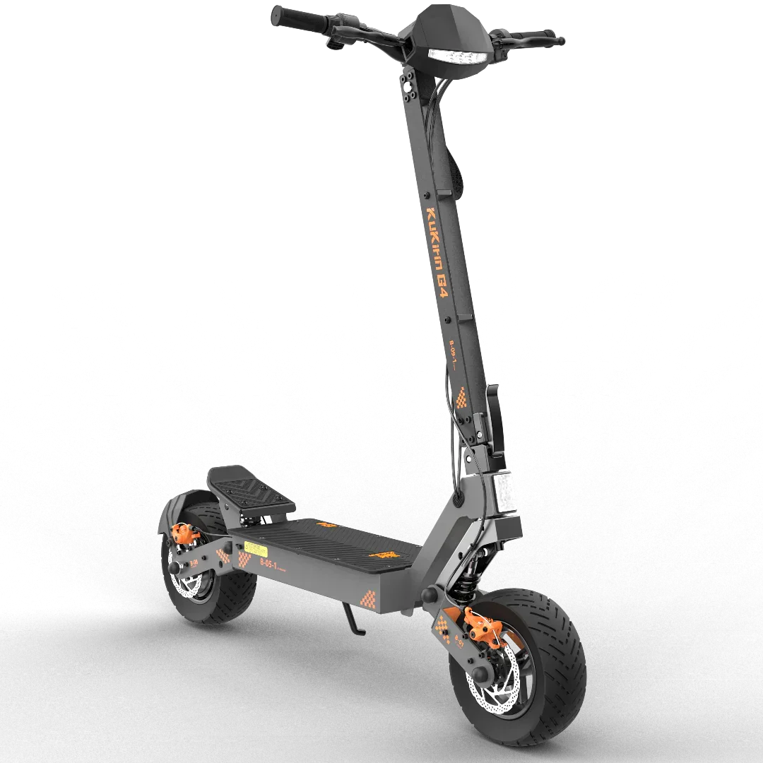Black electric scooter with orange accents, large tires, and front headlight, shown on white background