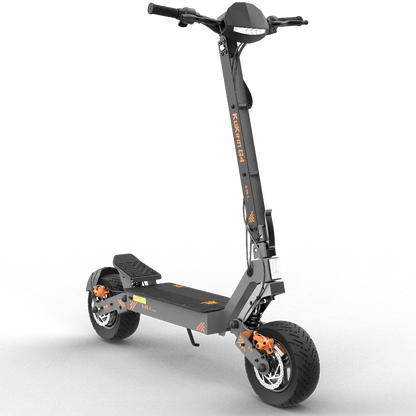 Black electric scooter with orange accents, large tires, and front headlight, shown on white background
